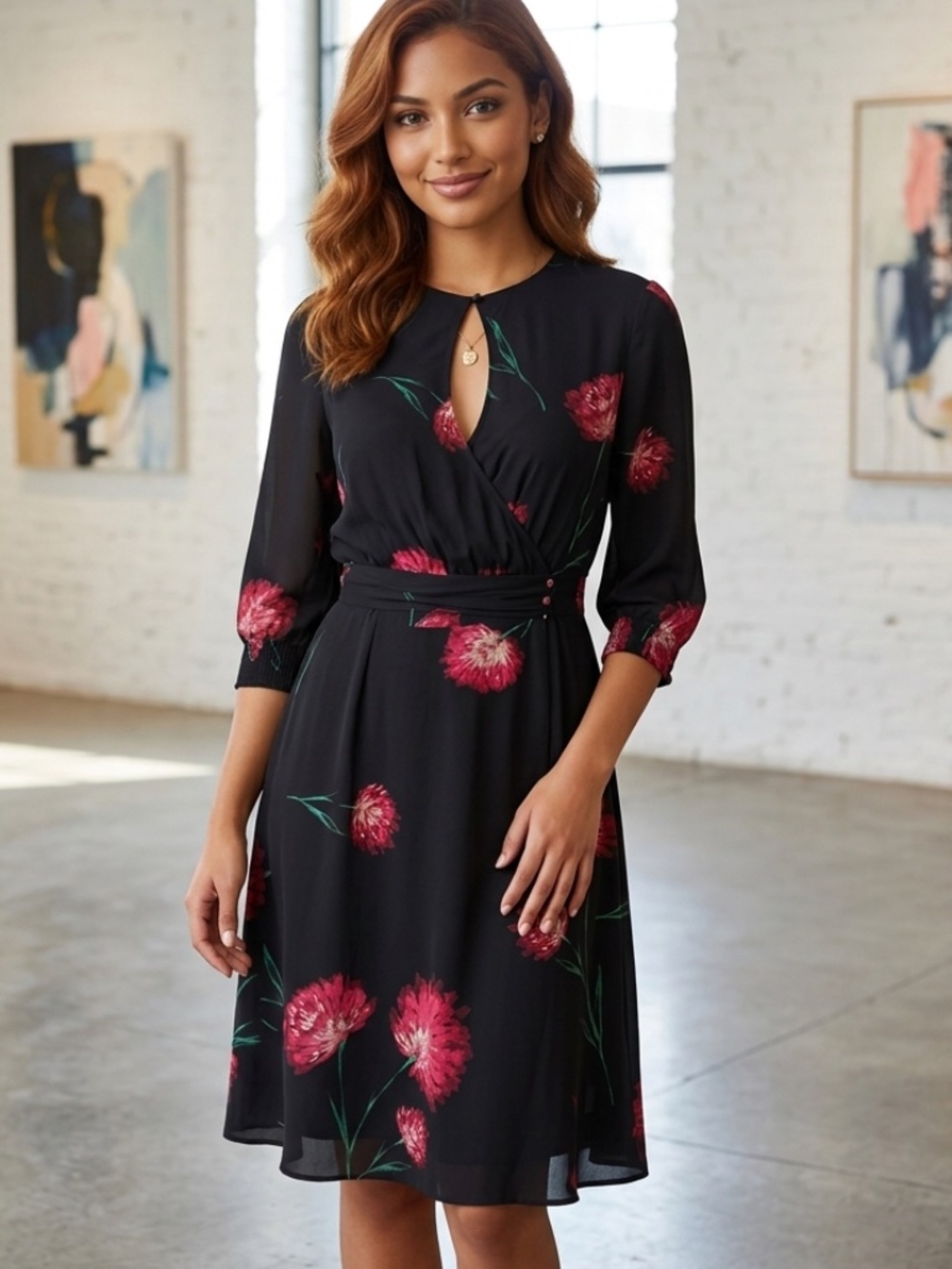 RW&Co Black and Red Floral Dress SZ S